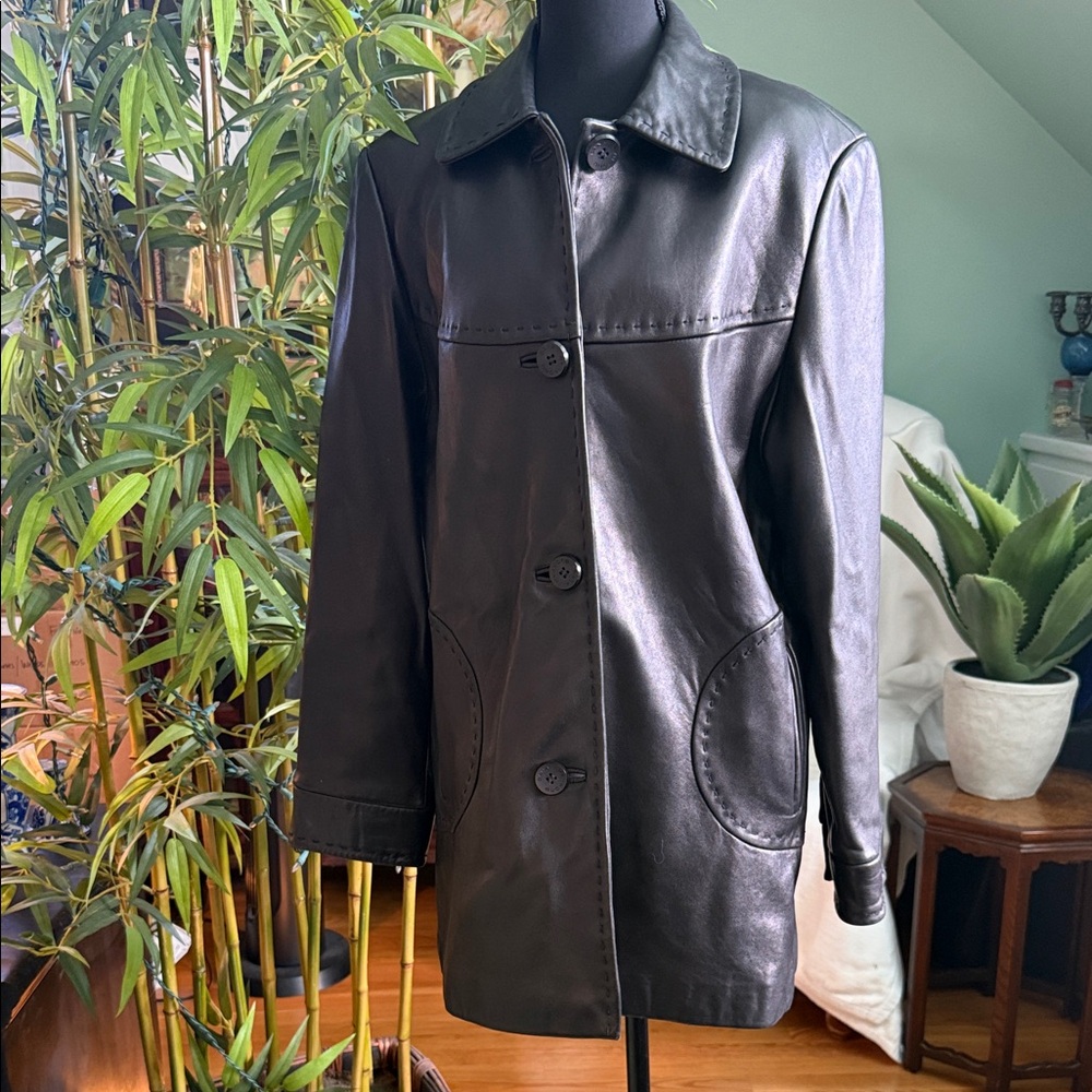 Shiny Black Leather Jacket by Dana Bachman